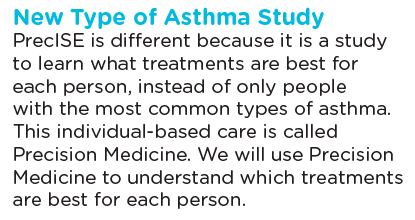 New Type of Asthma Study: PrecISE is different because it is a study to learn which treatments are best for each person, instead of only people with the most common types of asthma. This individual-based care is called Precision Medicine. We will use Precision Medicine to understand which treatments are best for each person. 