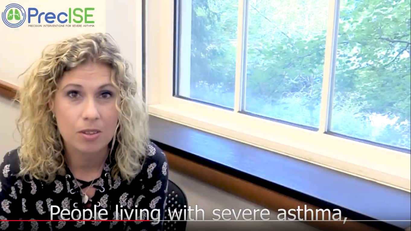 Screencap of a video, with transcript text that says "People living with severe asthma,"
