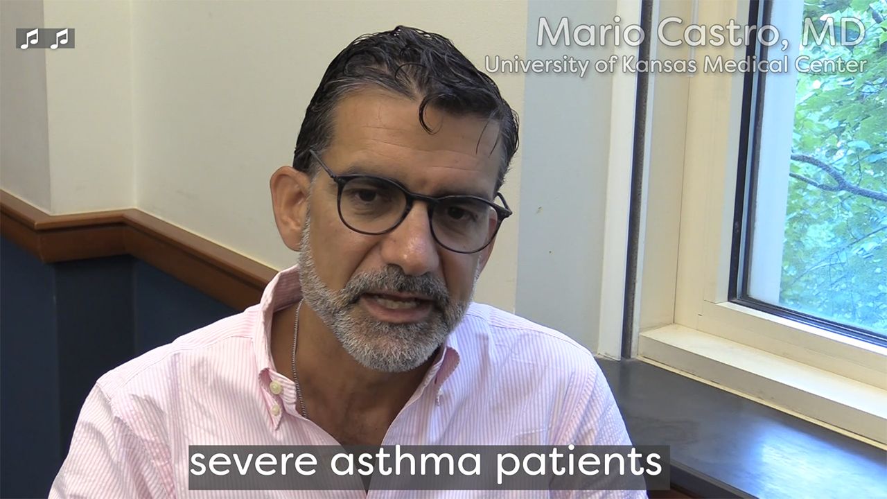 Screencapture of a video frame, with text transcribed that says "severe asthma patients."